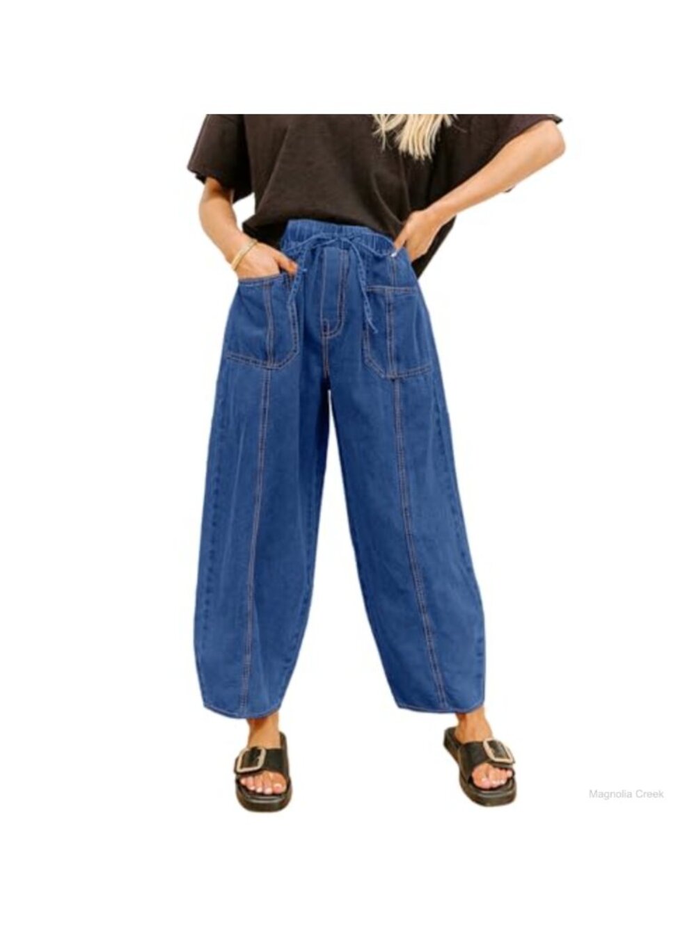 Stretch Denim Barrel Jeans Drawstring Elastic Waist High Rise Ankle